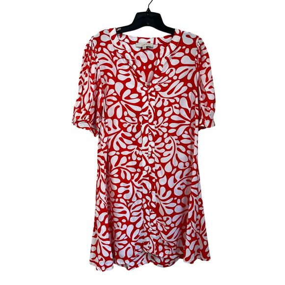 Loft Red White Abstract Floral Short Sleeve Dress Size Large Resort Casual - Picture 2 of 9